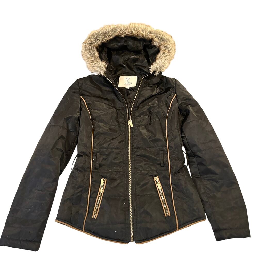 Guess Jacket Womens Small Black Puffer Faux Fur Trim Hooded Full Zip Winter